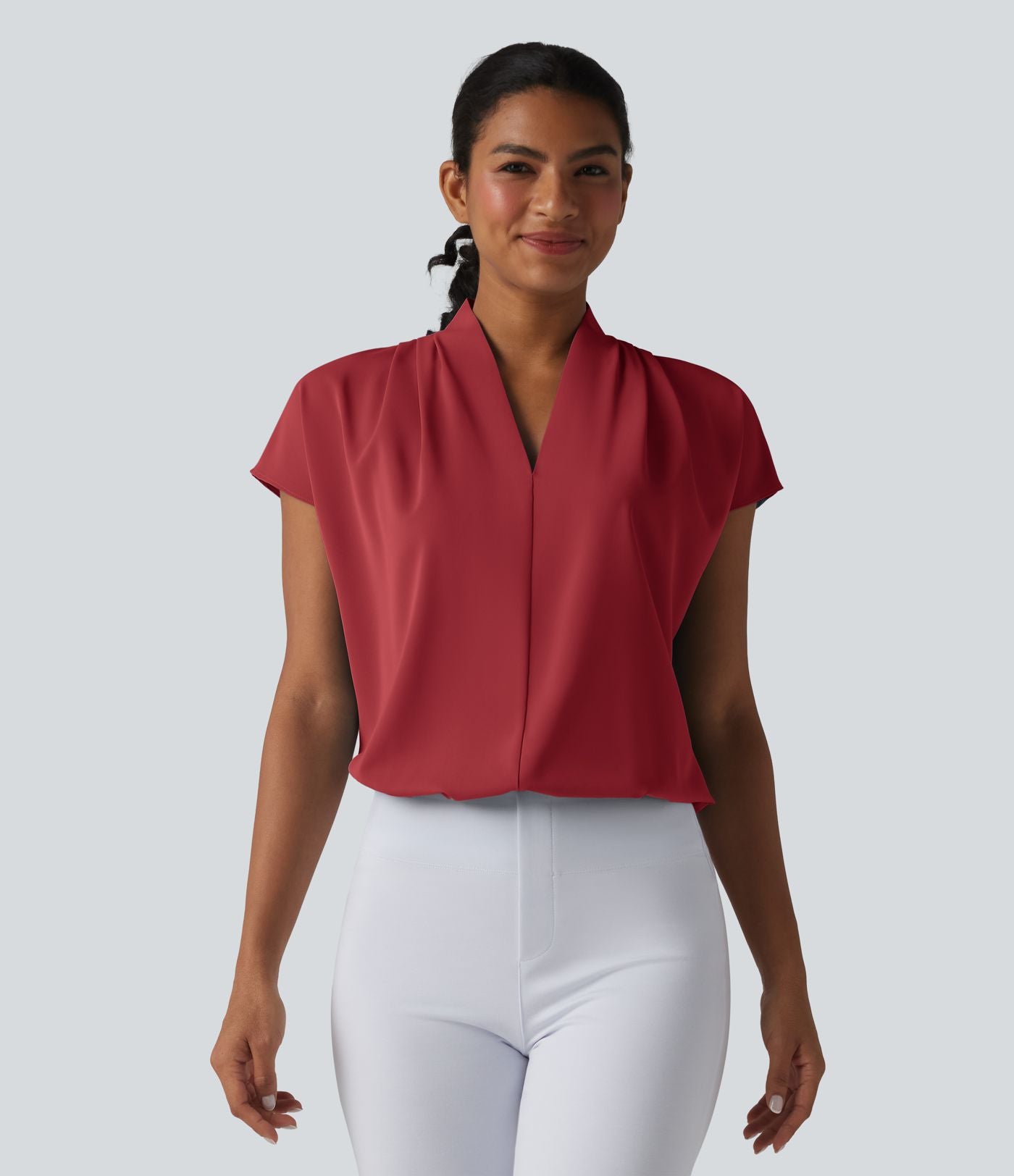 Blouse esprit bureau ample défroissage facile, col V et manches chauve-souris