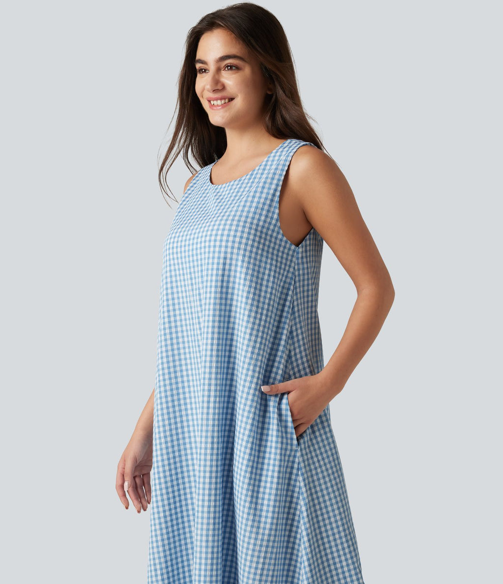 Robe débardeur midi décontractée à col rond sans manches avec soutien-gorge intégré en tissu froissé vichy avec poches