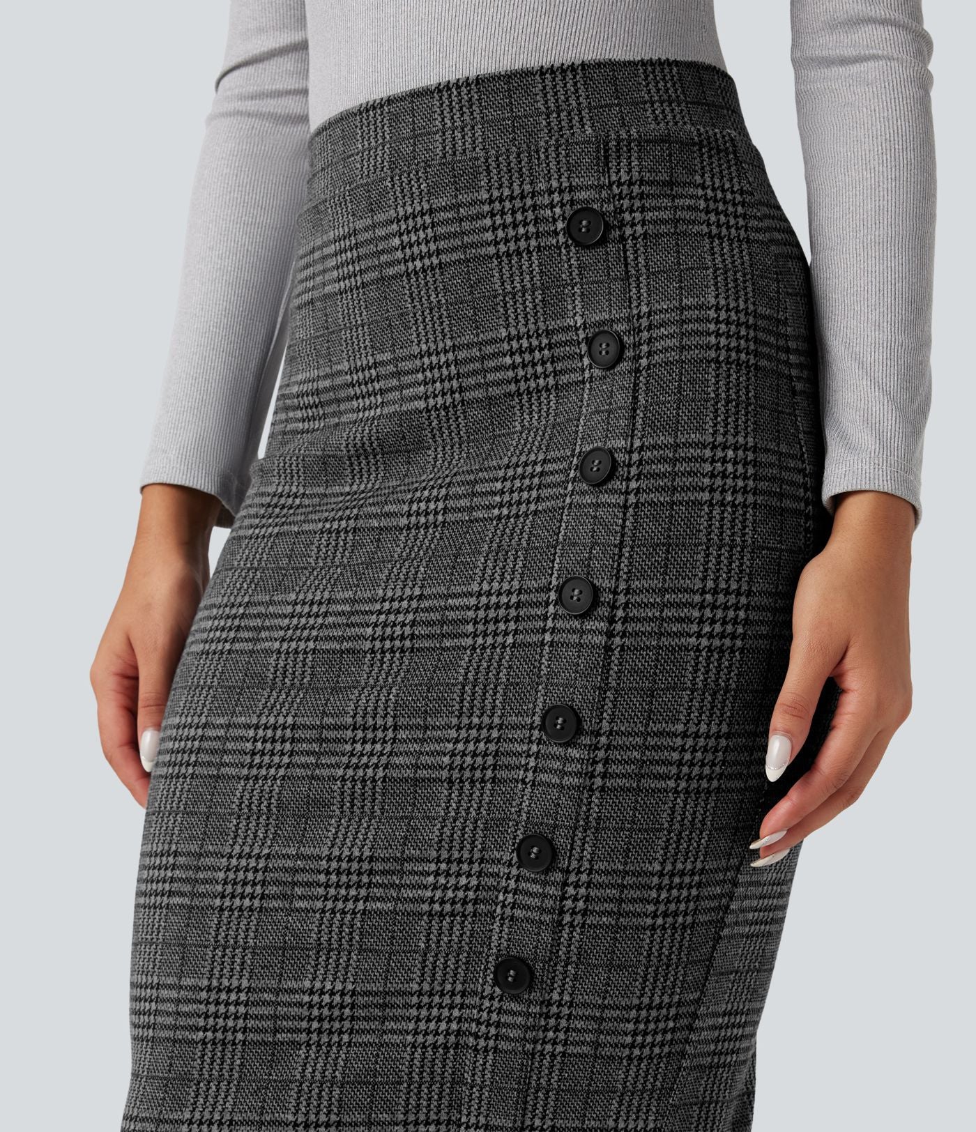 Jupe tailleur moulante pied-de-poule à carreaux longueur genou taille haute