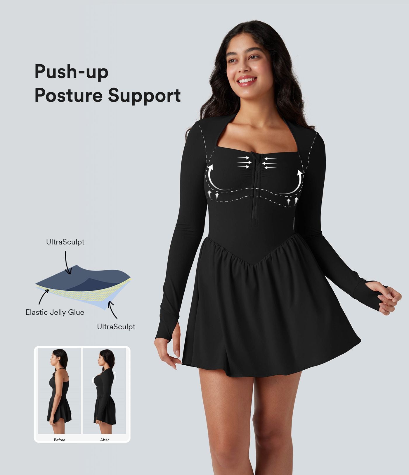 Robe de tennis active courte Halara UltraSculpt™ push-up 2-en-1 manches longues avec trous pouces et poche