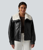 Veste casual en simili cuir à col en fausse fourrure et fermeture éclair avec poches