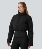 PuffFlex Manteau doudoune 3-en-1 court casual à col montant et veste à ourlet arrondi avec passants pouces et poche