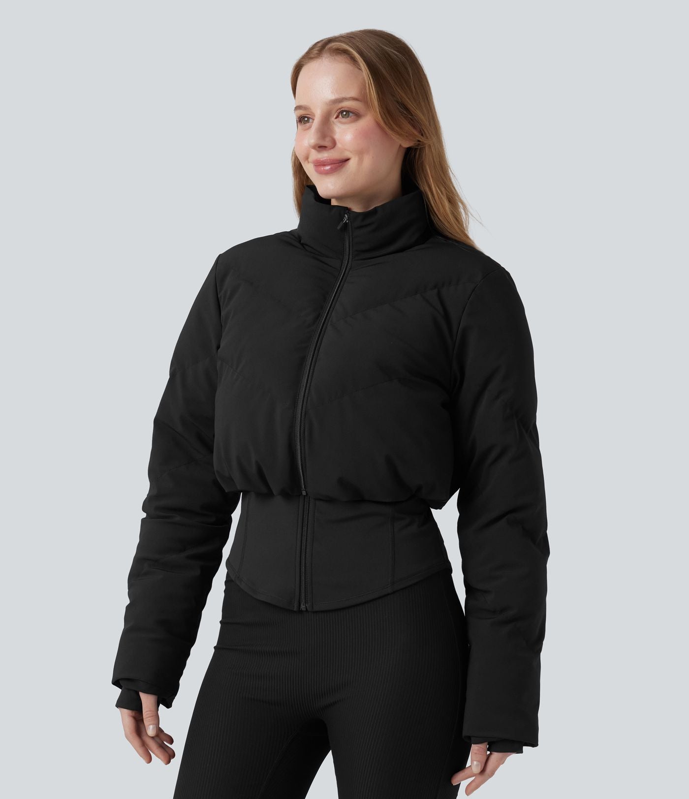 PuffFlex Manteau doudoune 3-en-1 court casual à col montant et veste à ourlet arrondi avec passants pouces et poche
