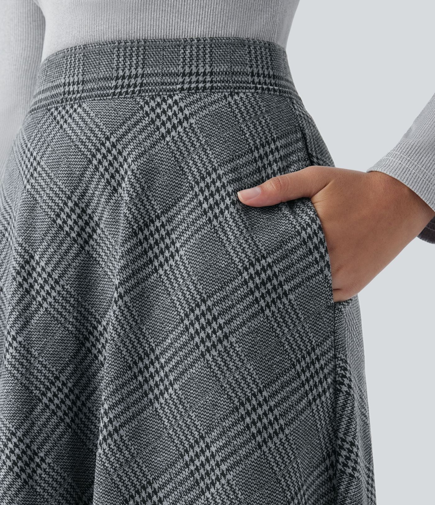 Jupe midi évasée à carreaux pied-de-poule taille haute avec poches latérales