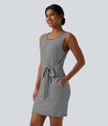Robe mini décontractée moulante sans manches col rond à rayures avec ceinture et poches