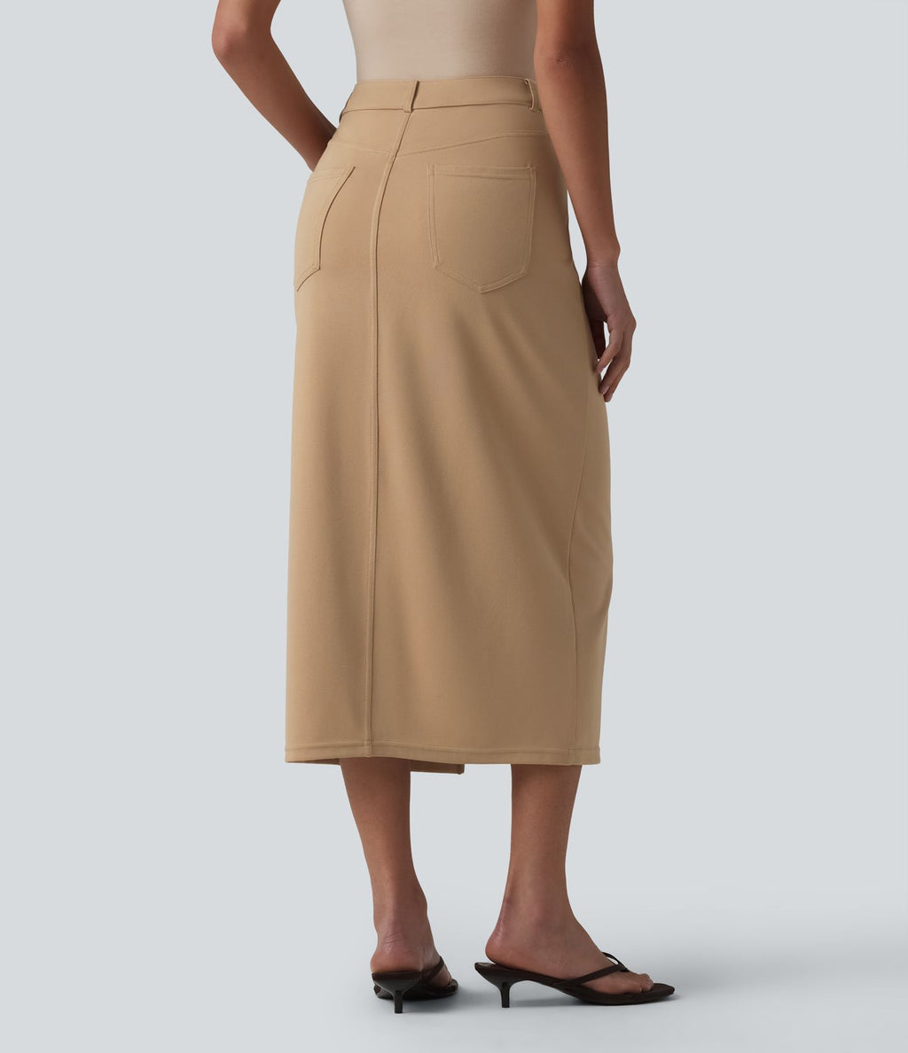 Jupe crayon midi tailleur asymétrique taille moyenne fendue avec poches