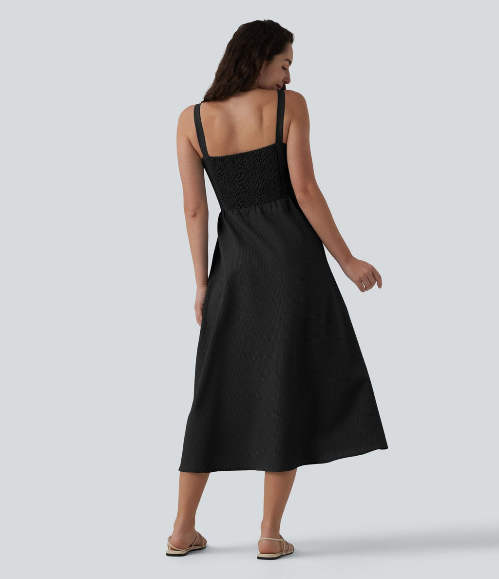 Robe fluide casual mi-longue texturée froncée et smockée