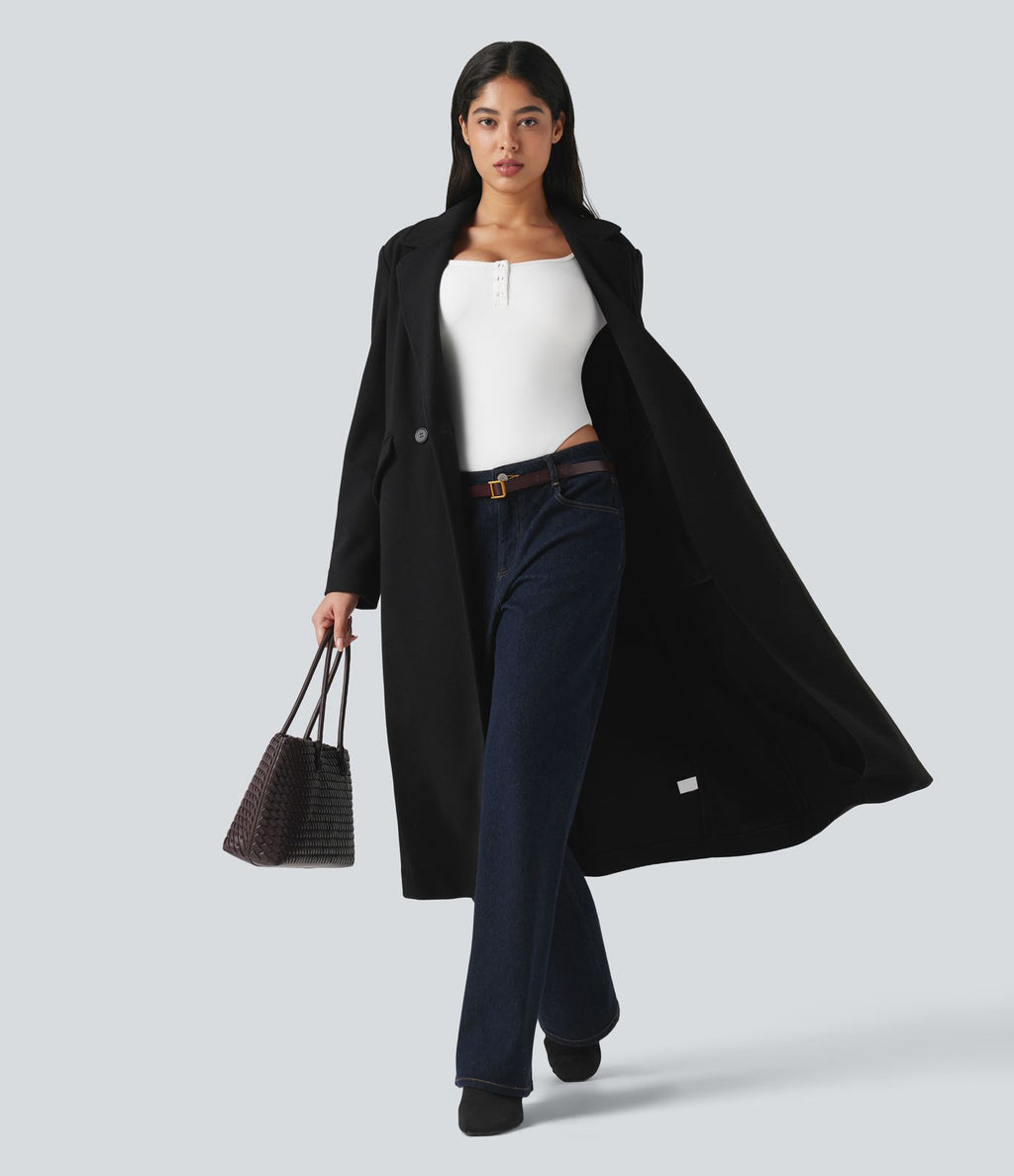Manteau long polaire col cranté manches longues avec poches