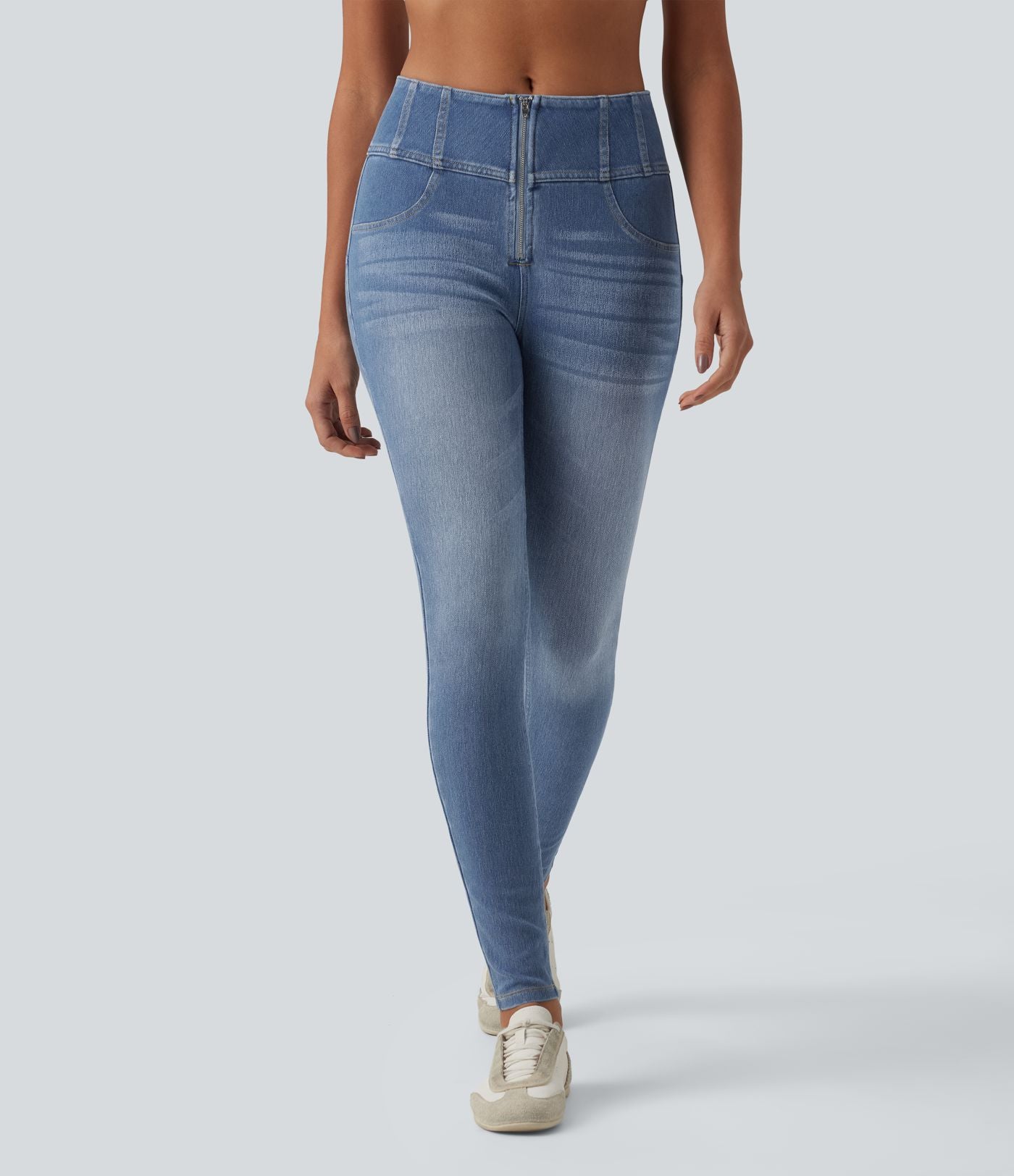 Jean Halara Flex™ skinny décontracté taille mi-haute zippé, effet ventre plat, avec poches