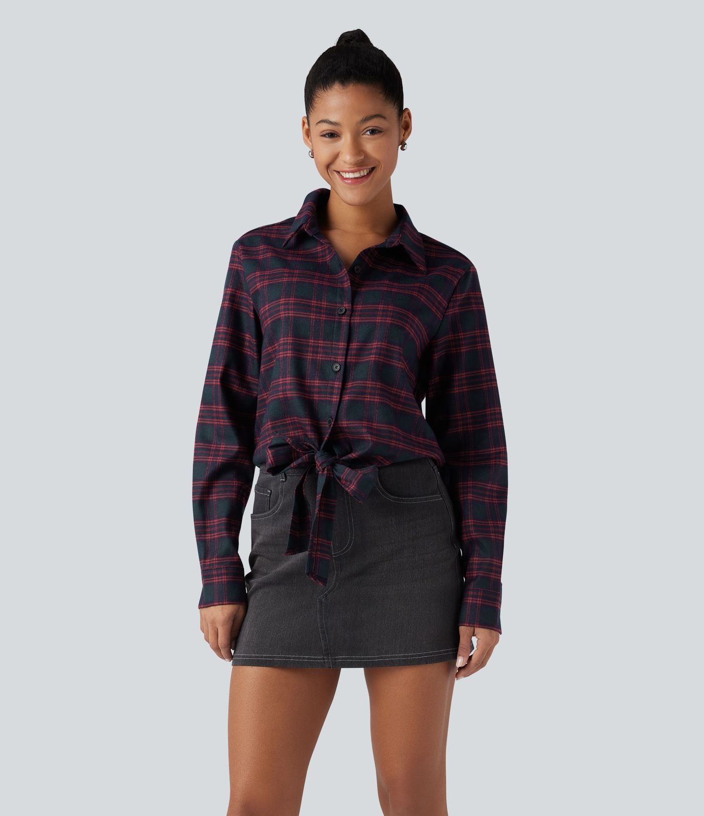 Chemise décontractée à carreaux, manches longues et nœud devant
