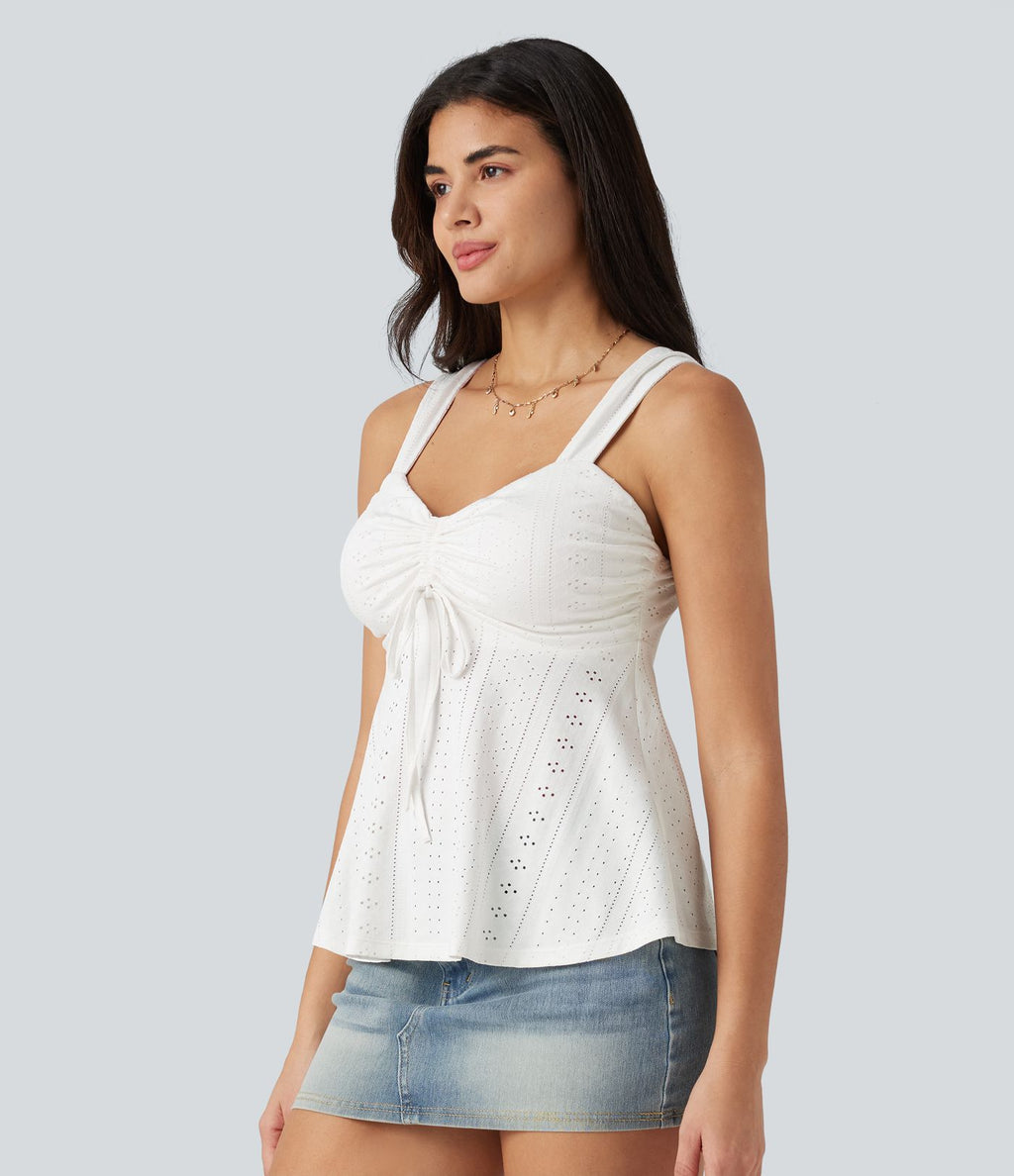 Débardeur décontracté froncé avec cordon de serrage, broderie anglaise et soutien-gorge intégré