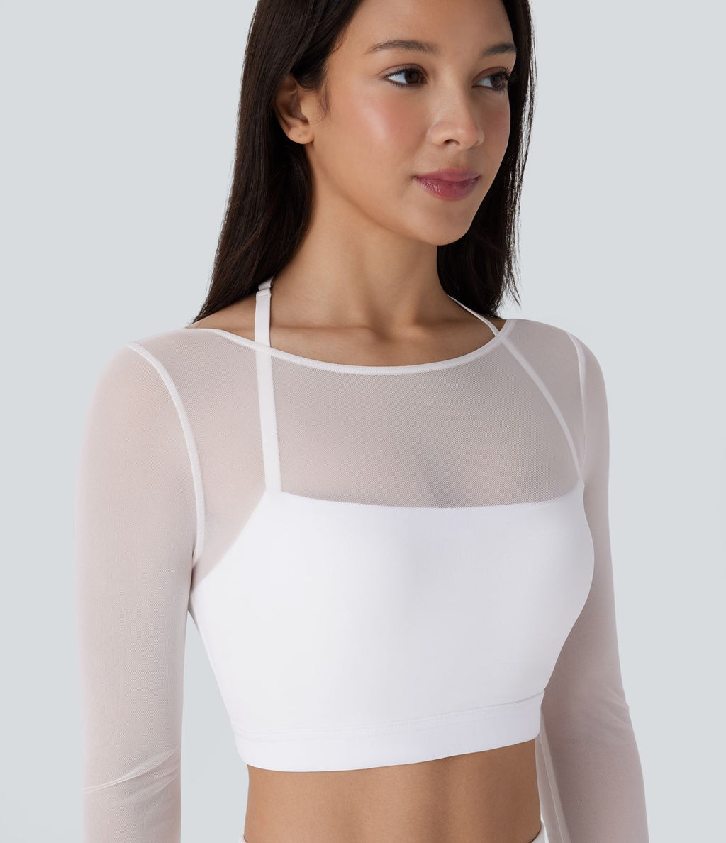Haut de sport yoga crop top 2-en-1 avec col licou, dos nu, manches longues, passe-pouces et mesh contrastant