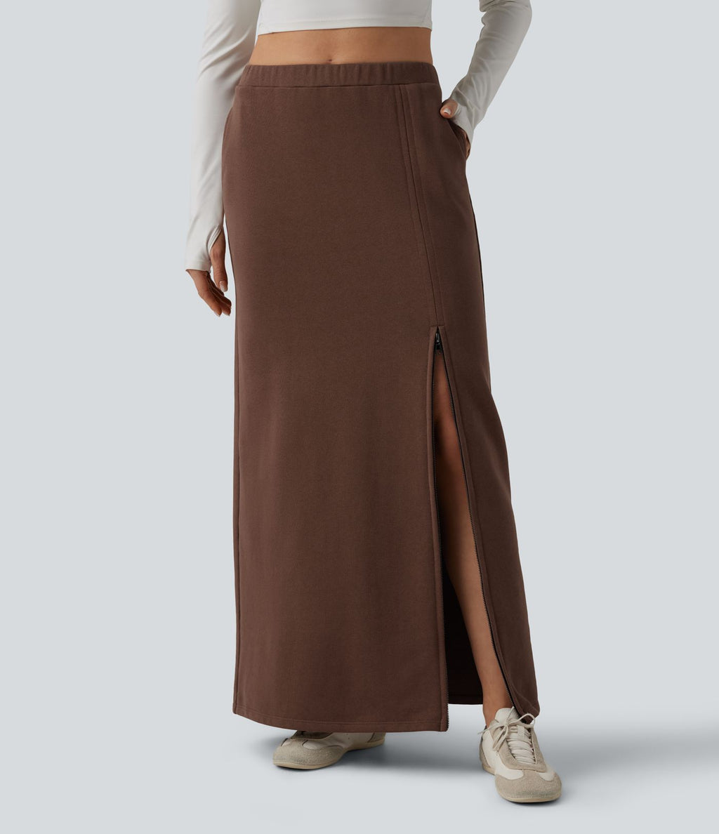 Jupe longue décontractée taille haute en molleton French Terry coton avec poches