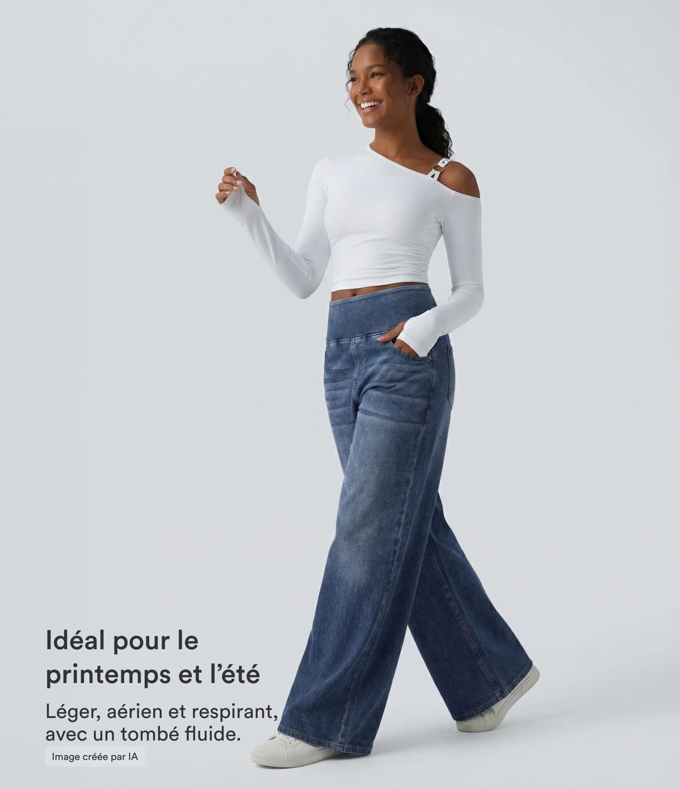Halara Flex™ Jean large casual baggy taille mi-haute en lyocell drapé effet délavé, avec poches
