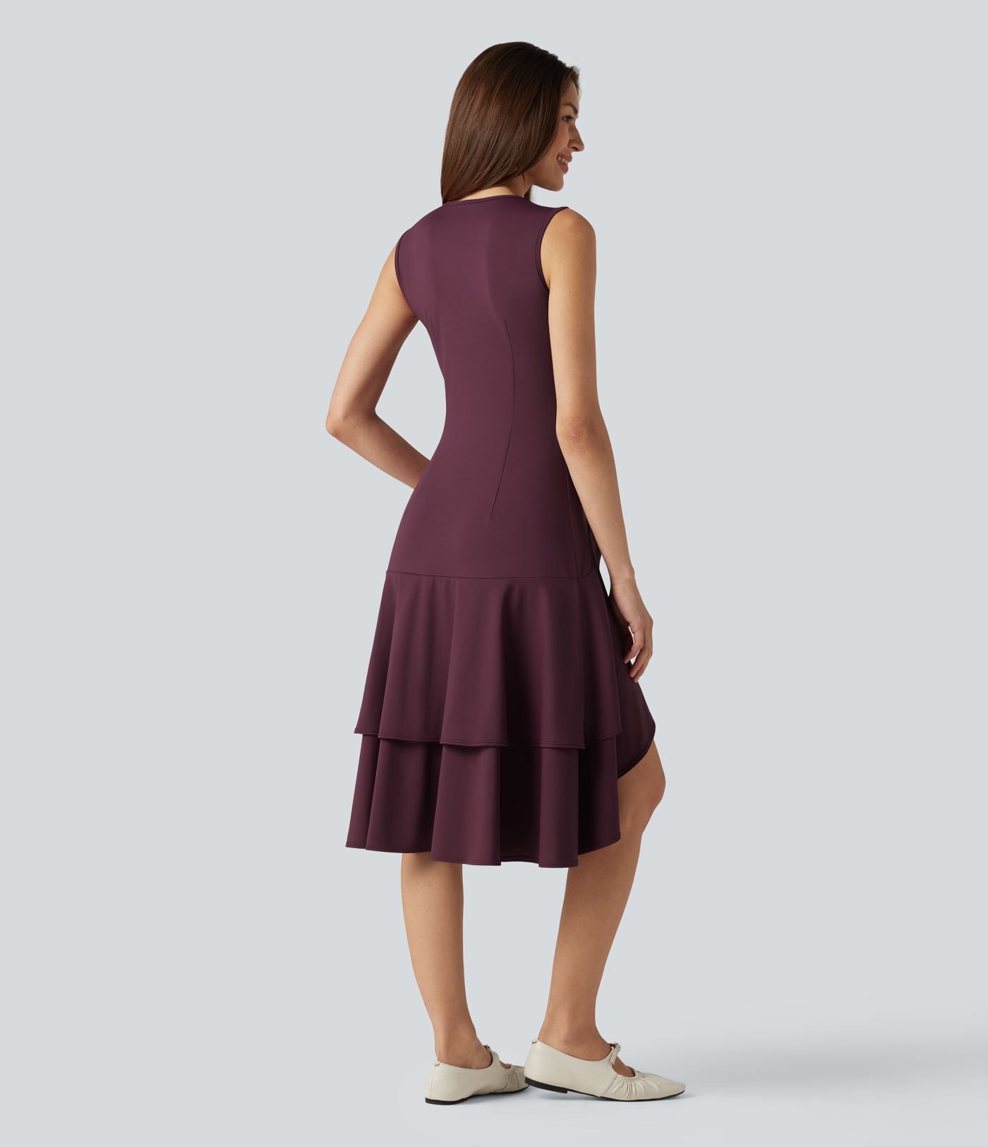 Robe midi décontractée SoftlyZero™ Airy col rond, sans manches, ourlet à volants étagés, à effet frais InstantCool