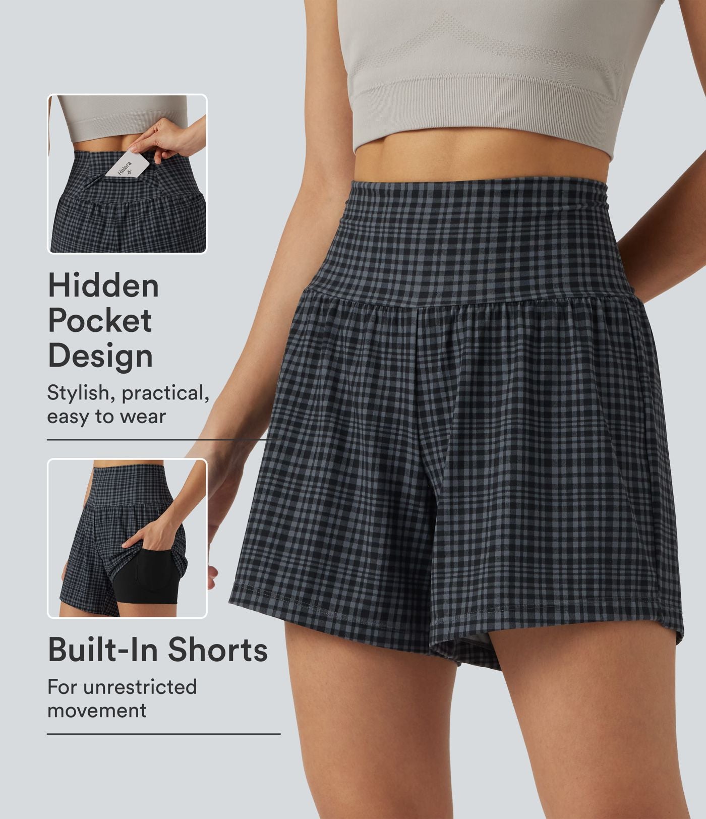 Short de yoga 2-en-1 Halara UltraSculpt™ taille très haute 12,5 cm à carreaux avec poches