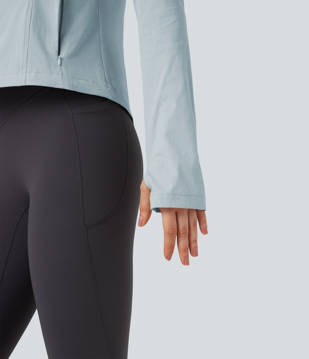 Veste de randonnée à capuche, manches longues, passants pouces et zip avec poches - UPF40+
