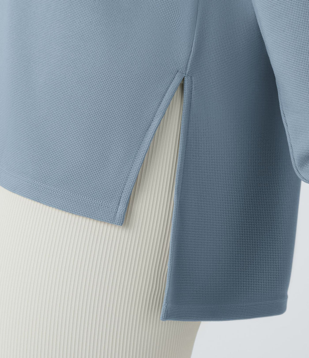 Sweatshirt Casual Waffle à Boutons Devant avec Trou Pouce et Fente