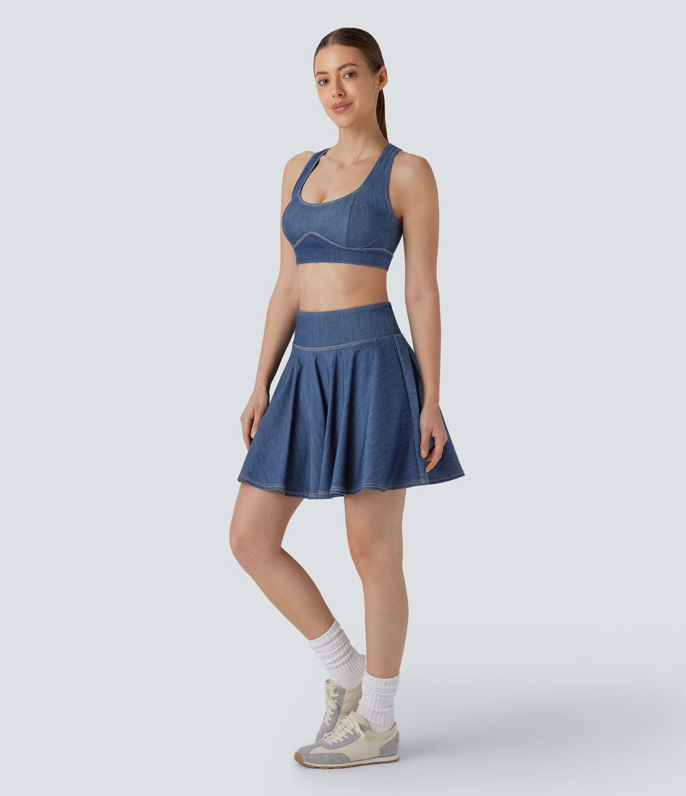 Mini-jupe tennis denim 2-en-1 HalaraMagic™ tricot extensible Cool Touch délavé taille haute avec poches
