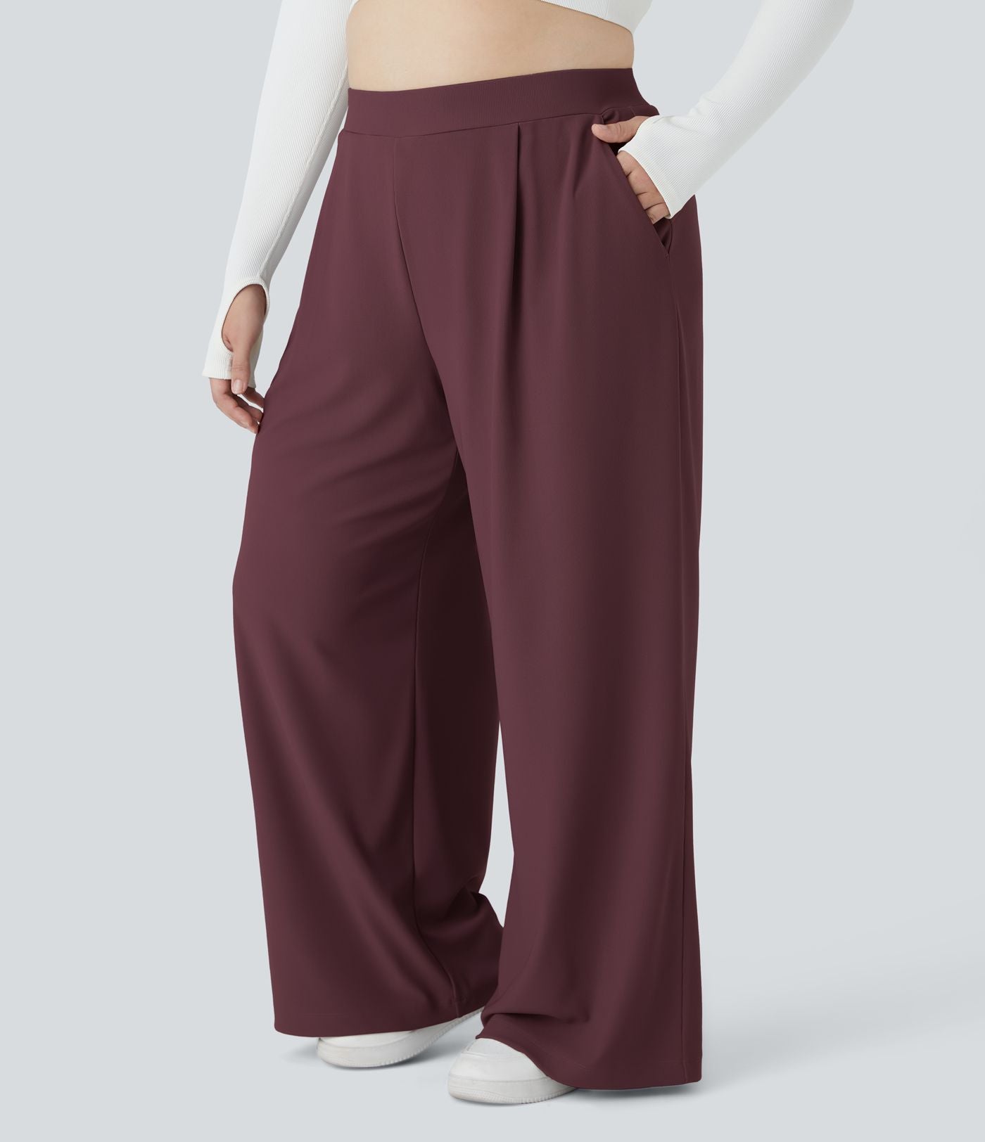 Pantalon de travail grande taille Halara Flex™ à taille haute sculptante et amincissante, poches latérales, jambes larges et tissu micro-gaufré
