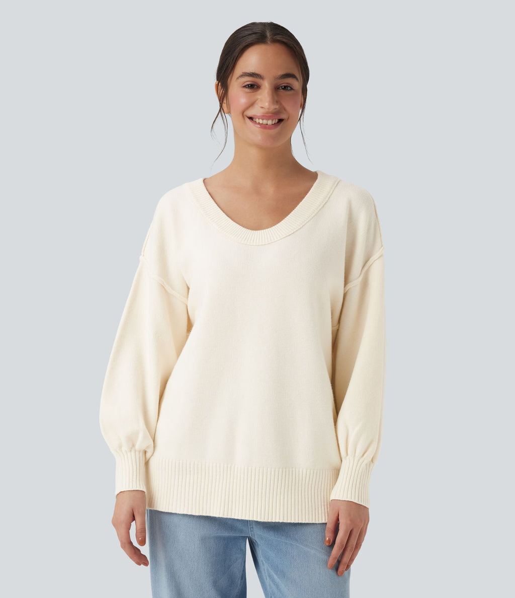 Pull casual col V épaules tombantes manches longues avec fentes