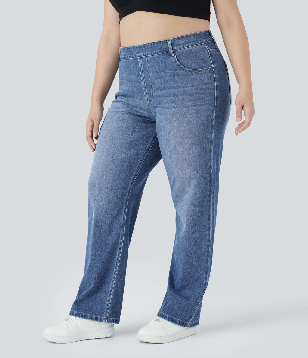 Jean décontracté Halara Flex™ grande taille, taille haute, multiples poches, jambes droites, effet délavé, en maille extensible