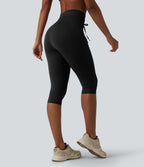Legging yoga uni corsaire taille haute avec cordon de serrage et poches