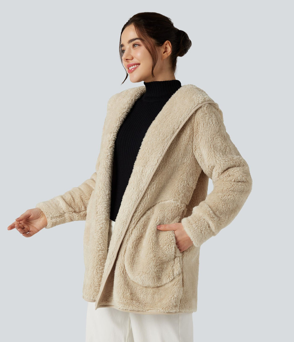 Manteau teddy à capuche manches longues avec poches