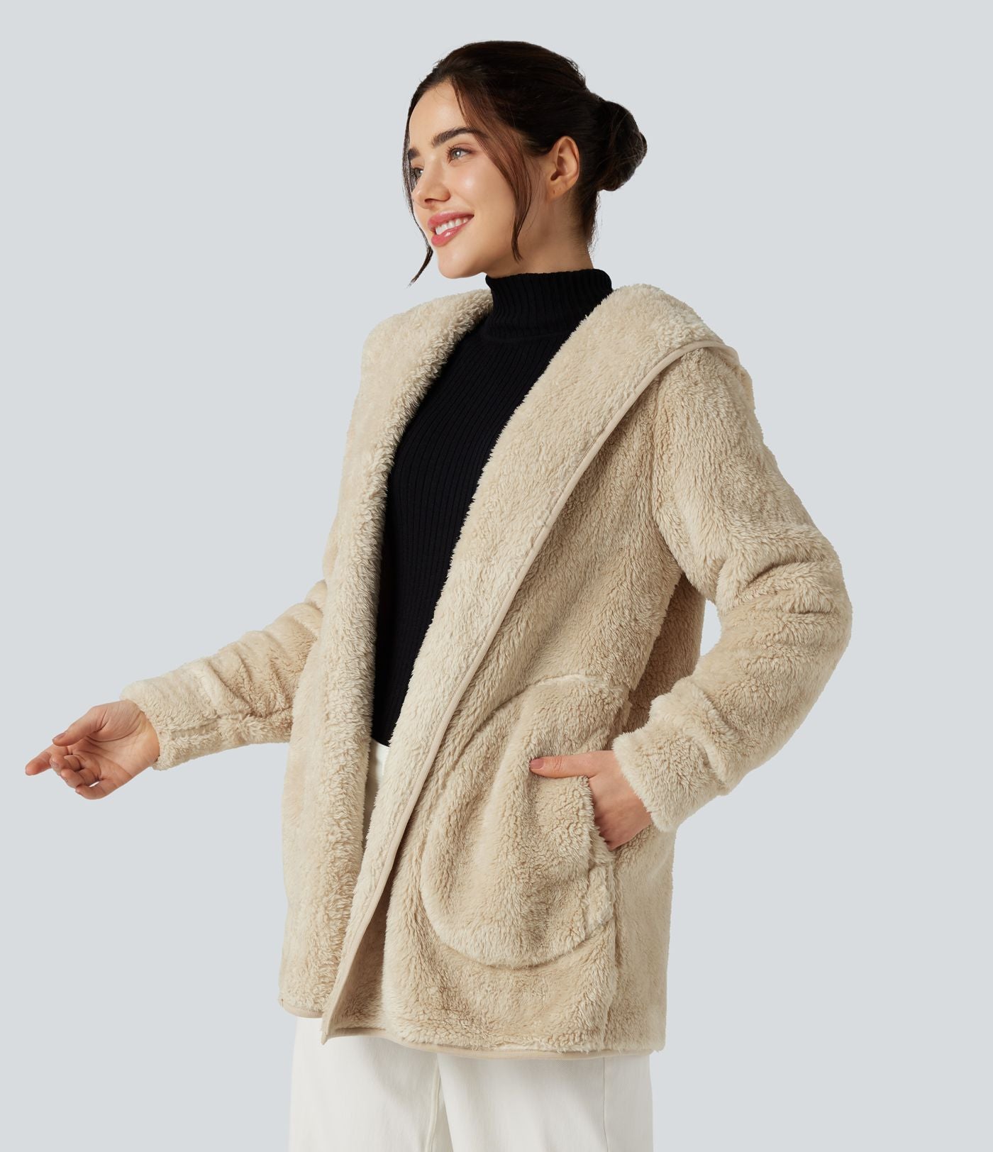 Manteau teddy à capuche manches longues avec poches