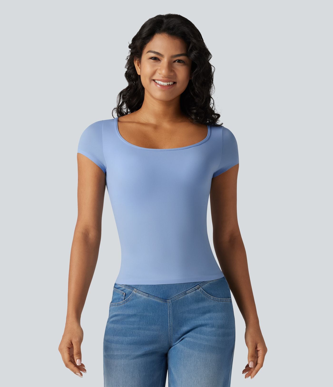 T-shirt décontracté à manches courtes, col carré, soutien-gorge intégré et grande élasticité, bonnets B à DD