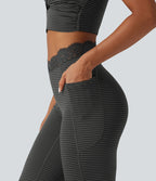 Legging de yoga flare taille haute en V avec dentelle contrastée, rayures et poches