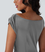 Robe de soirée longue en satin avec encolure bateau, manches cap, fermeture éclair invisible, fronces et fente