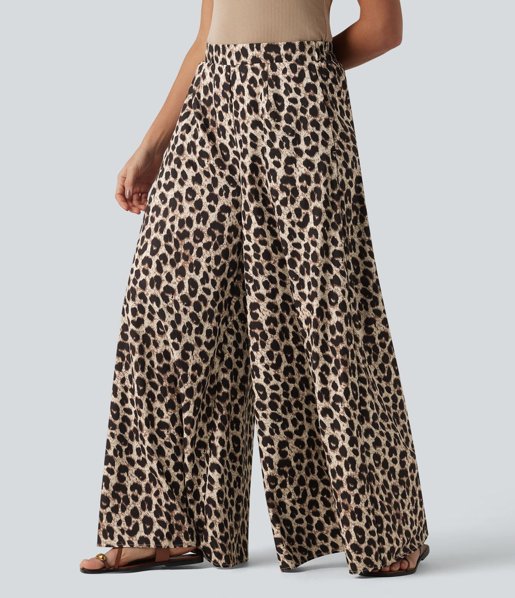 Pantalon large casual taille haute imprimé léopard, avec poches