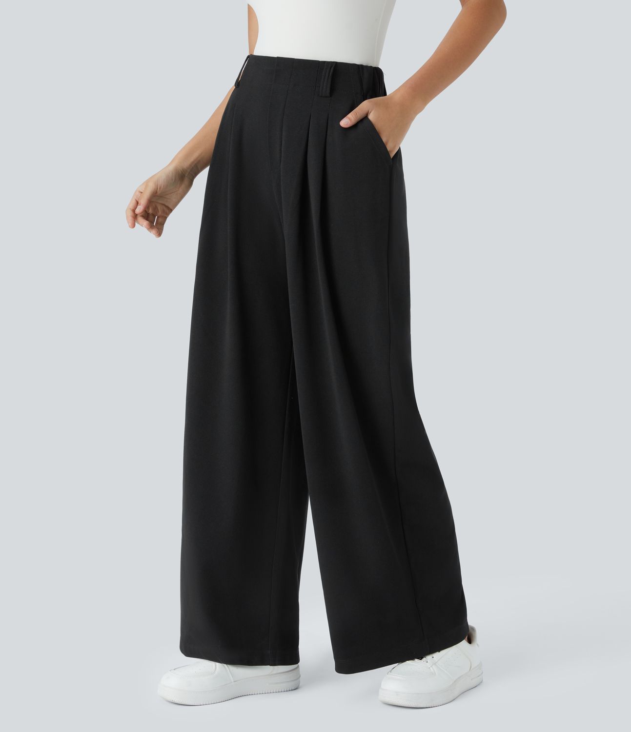 Halara Flex™ Pantalon Tailleur Large Fluide Gaufré Taille Haute Poches Latérales