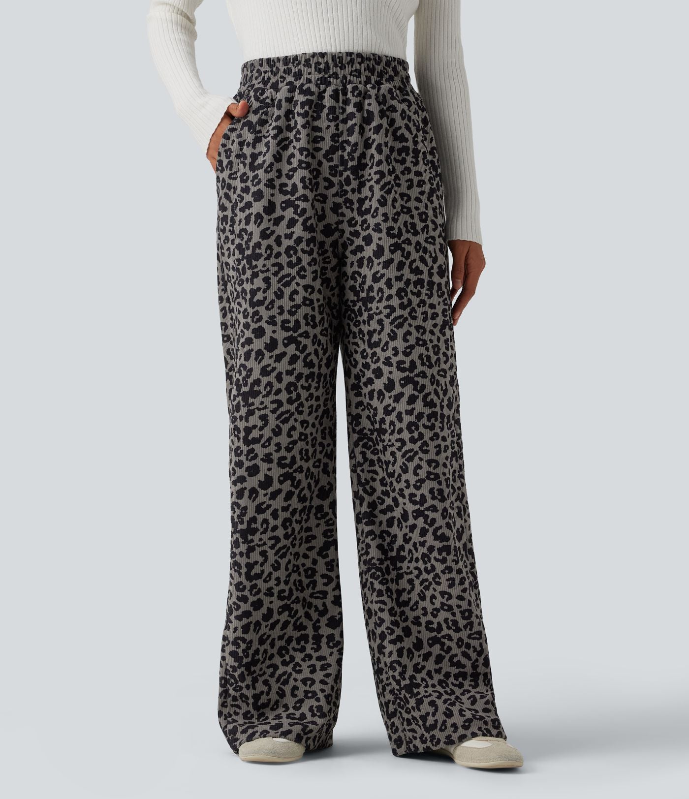 Pantalon léopard velours côtelé imprimé coupe droite mop taille haute avec poches