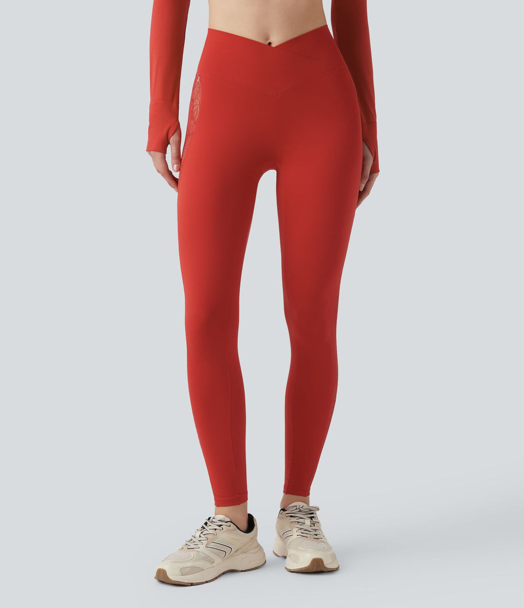Softlyzero™ Legging Yoga 7/8 Taille Haute avec Poche au Dos Découpe Croisée et Dentelle Contrastante