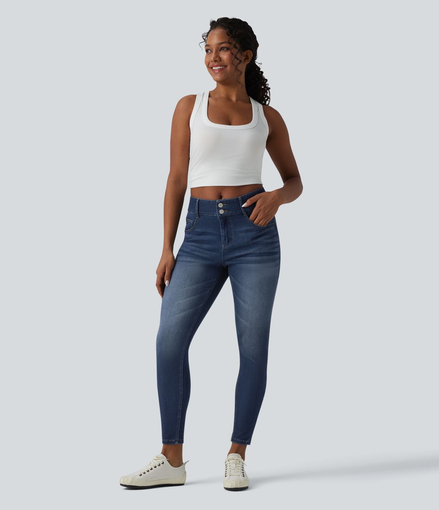 Halara Flex™ Jean skinny 7/8 casual taille mi-haute en lyocell drapé effet délavé, avec poches