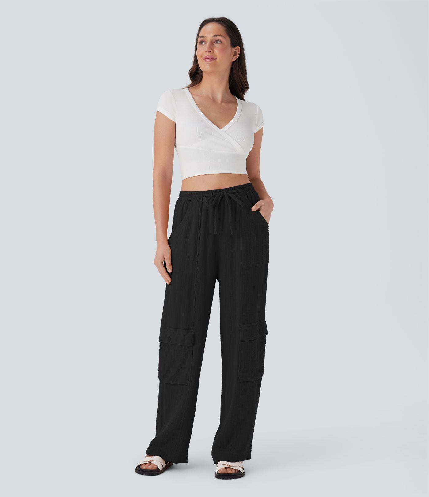 Pantalon cargo large fluide en coton taille haute avec cordon de serrage et poches