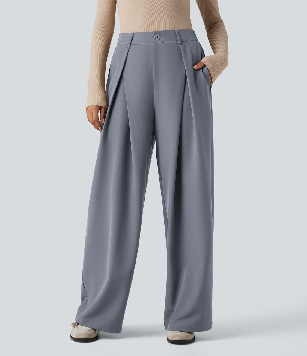 Pantalon tailleur large, taille haute, à poches