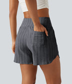 Short casual taille haute ourlet arrondi rayures avec poches