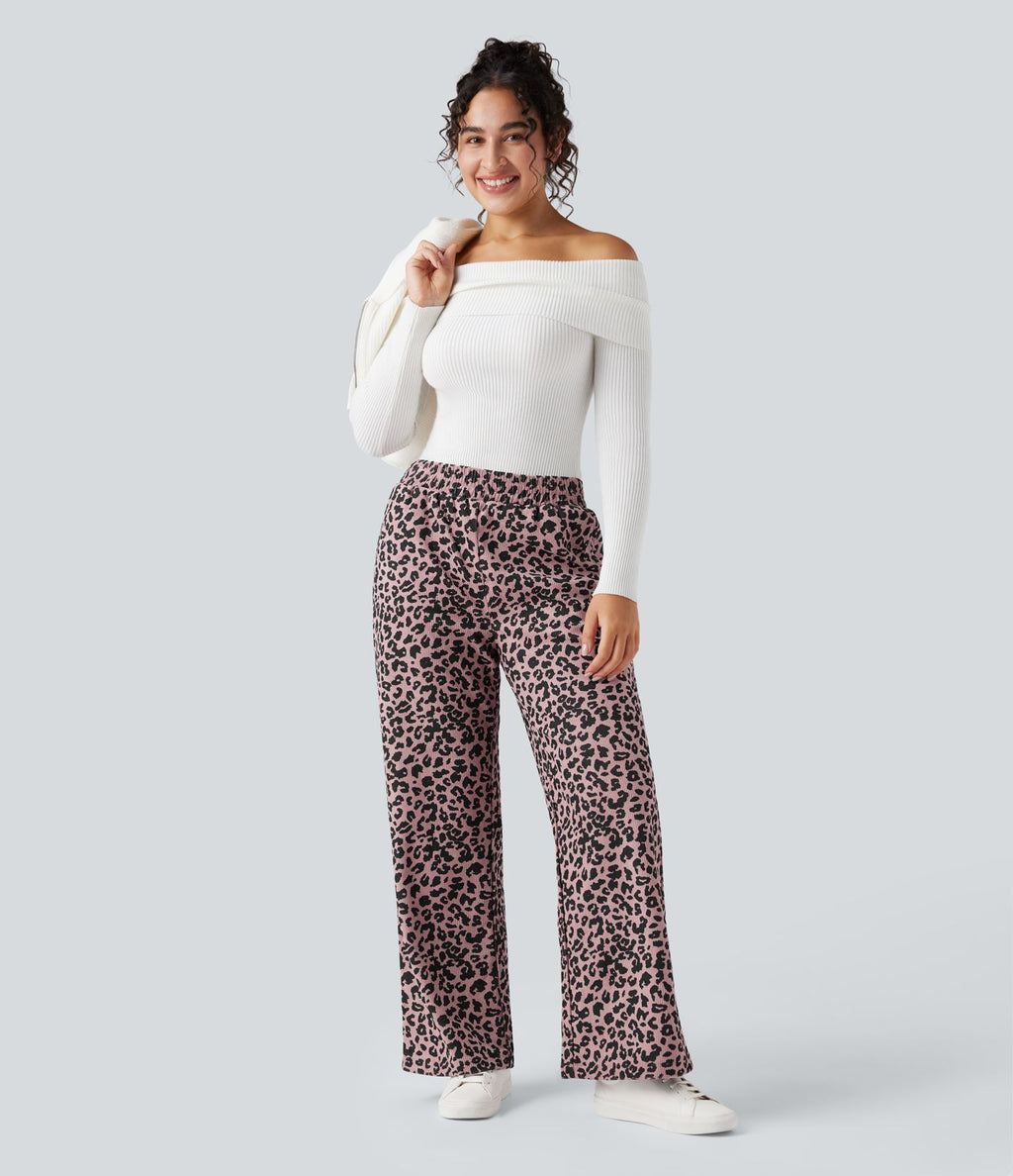 Pantalon léopard ample décontracté velours côtelé imprimé taille haute avec poches