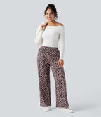 Pantalon léopard ample décontracté velours côtelé imprimé taille haute avec poches