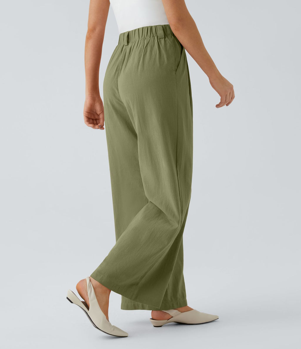 Pantalon Fluide Large Taille Haute Poches Latérales Palazzo Solide Casual Linen-Feel
