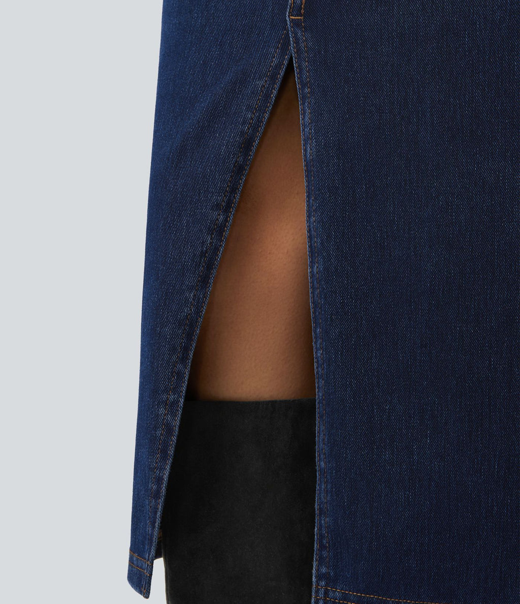 Halara Flex™ Jupe en Jean Midi Casual Tricot Extensible Taille Haute Poches Multiples