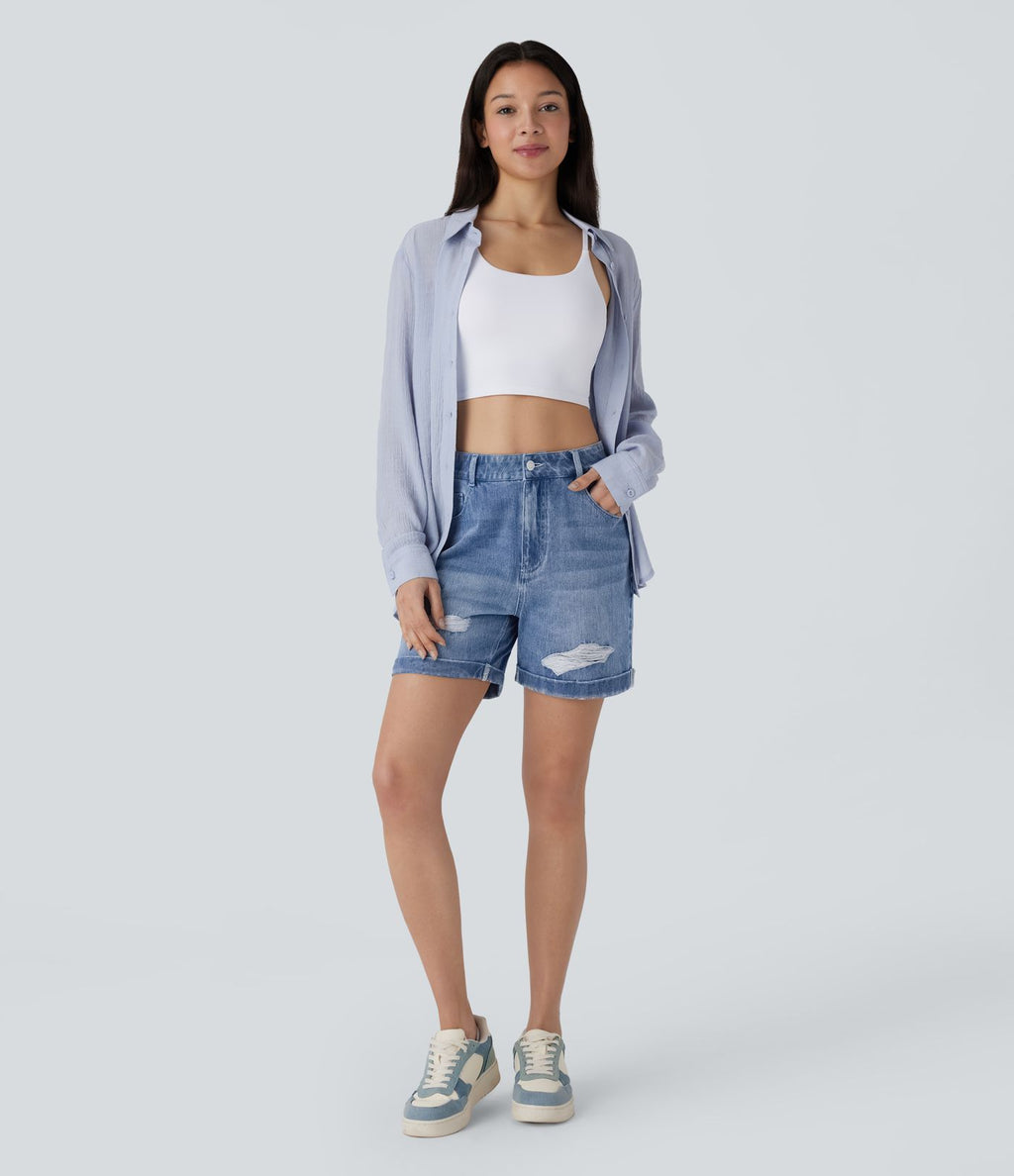 Halara Flex™ Short en denim extensible taille haute avec poches multiples, déchirures, ourlet roulotté et effet délavé