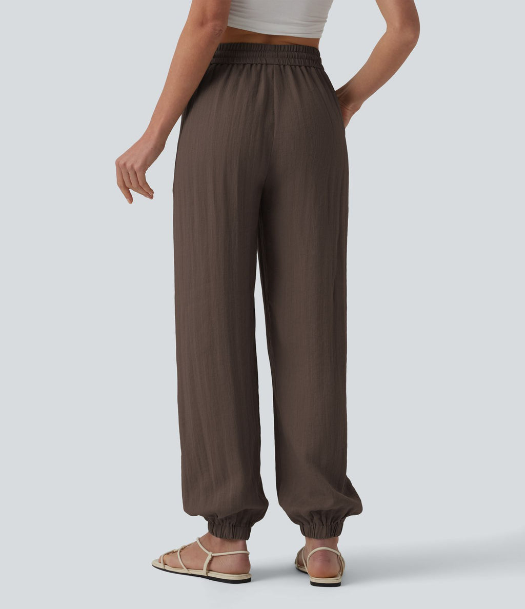 Jogging casual large ample taille haute aspect lin à cordon de serrage avec poches