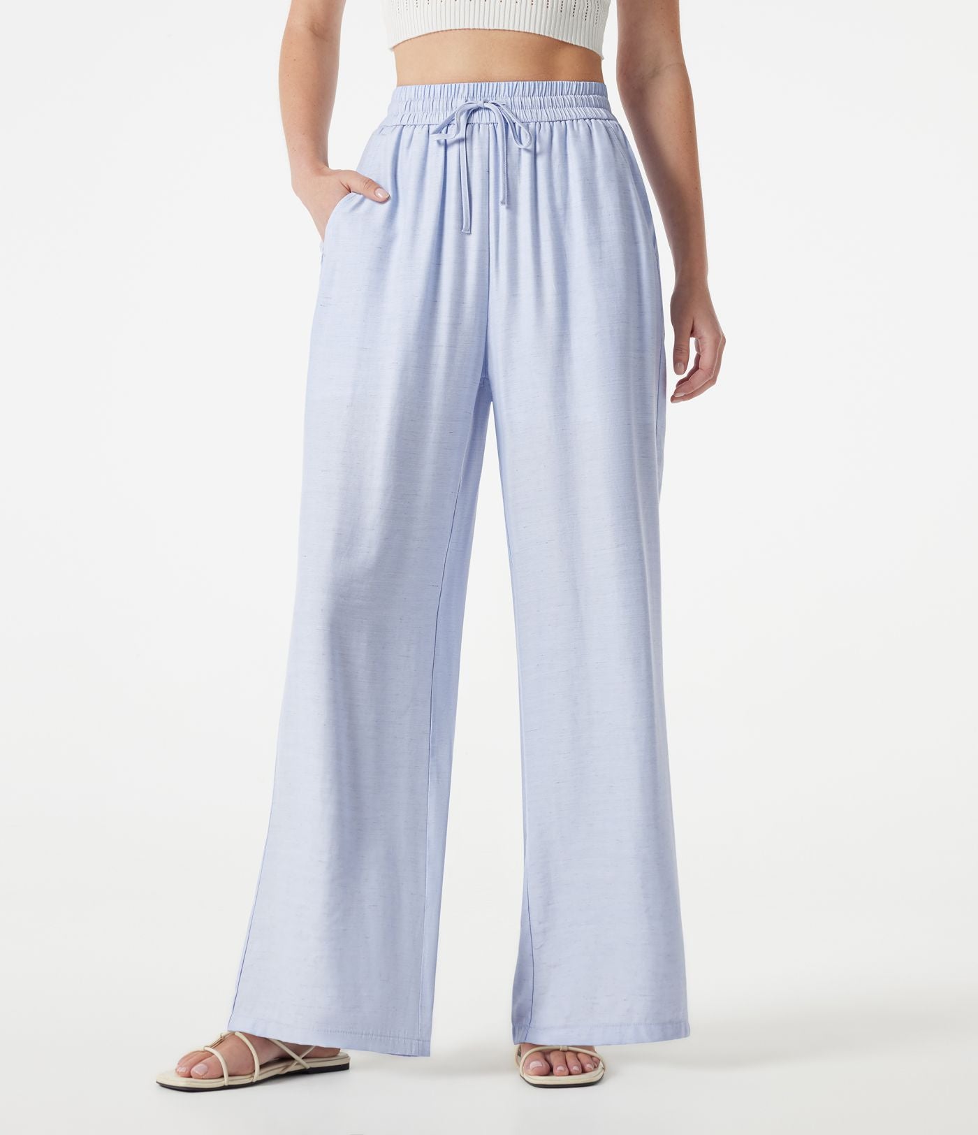 Pantalon large 2-en-1 casual en mélange de lin taille haute avec cordon et poches