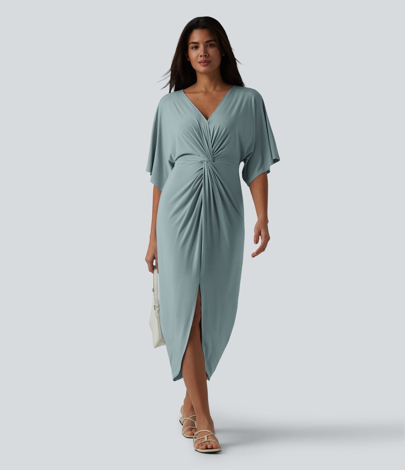 Robe midi col V manches chauve-souris ourlet tulipe torsadé