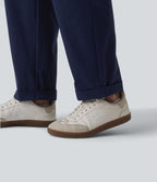 Pantalon casual fuselé 7/8 taille mi-haute plissé en popeline extensible à ourlet retroussé avec poches