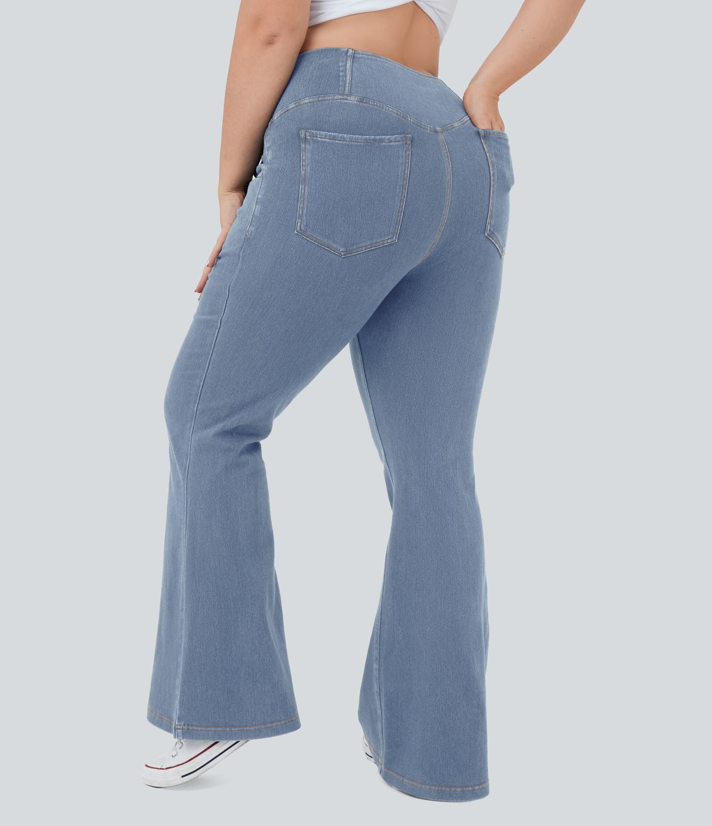 Jean super évasé Halara Flex™ grande taille en maille denim extensible délavée taille haute avec poches croisées effet frais InstantCool respirant